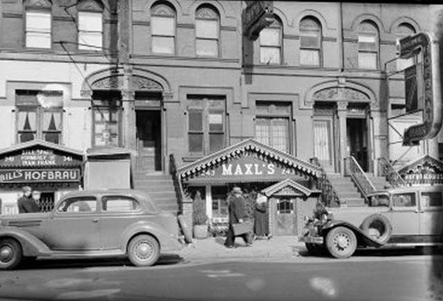 "German Restaurant, Yorkville, East 86th Street, Maxl's, Bill's Hofbrau etc. A remodeled basement houses this German restaurant. 1935-1941."